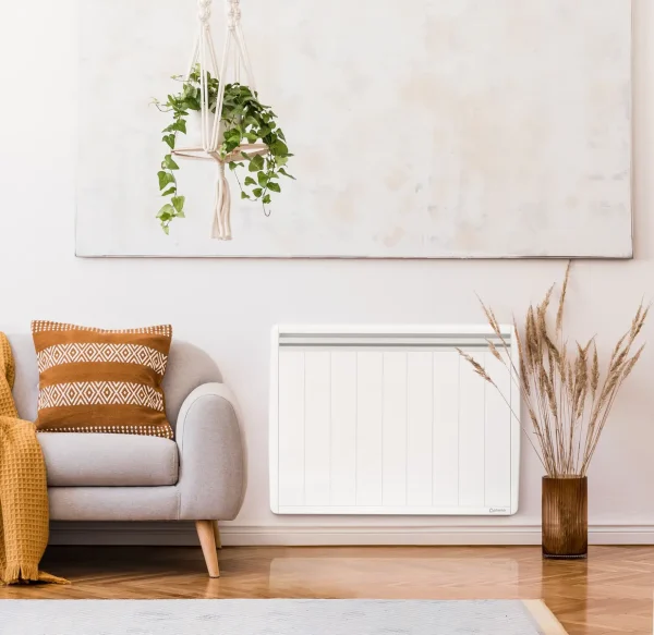 Salon contemporain avec un radiateur basse consommation Aterno.